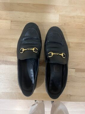 Gucci Black Leather Women's Horsebit Moccasins with Gold Hardware
